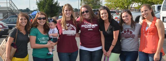 Among the reunion groups at Homecoming were from left: Mindy McCowan Lyons ('09), Christina Miller Kern ('10, M '12); Maggie Argenbright ('10), Whitney Tingle ('10), Kelsey Davis Scanlon ('09), Rachel Crenshaw Tingle ('09, M '11) with Presley; and Lauren Toadvine Morris ('10 and M '11). (Campbellsville University Photo by Joan C. McKinney)