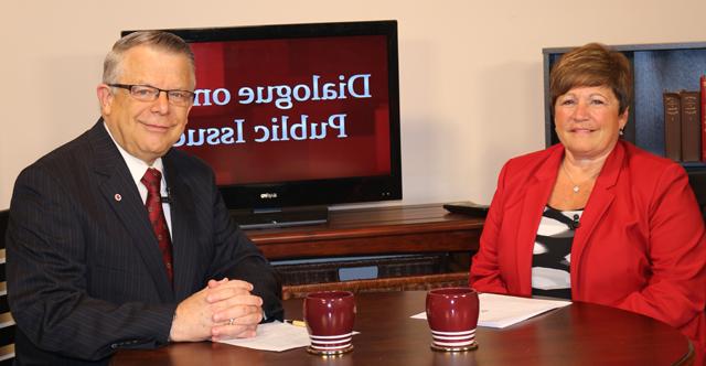 Dr. John Chowning, vice president for church and external relations and executive assistant to the president of Campbellsville University, right, interviews Jane Wheatley, chief executive officer of Taylor Regional Hospital and a member of the CU Board of Trustees, for his “Dialogue on Public Issues” show. 