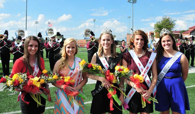 From left are Emily Shultz, last year's Homecoming queen; Erin Clarkson, second runner-up; Mary  Kate Young, queen; Audrey Wunderlich, first runner-up; and Brittany Salmon, freshman  attendant. (Campbellsville University Photo by Ye Wei &quot;Vicky&quot;)